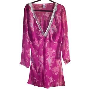 VTG Sheer Baby Doll Floral Pink Chiffon Tunic Lace Collar Women's 2X Y2K Fairy